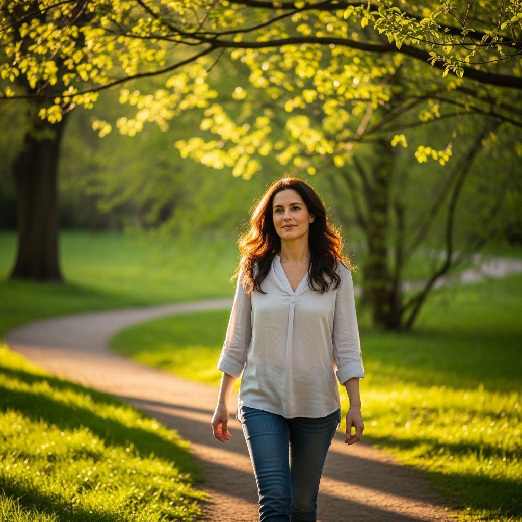 Femme marchant dans un parc verdoyant au printemps, vêtements décontractés, lumière du soleil filtrant à travers les arbres, attitude détendue et sereine