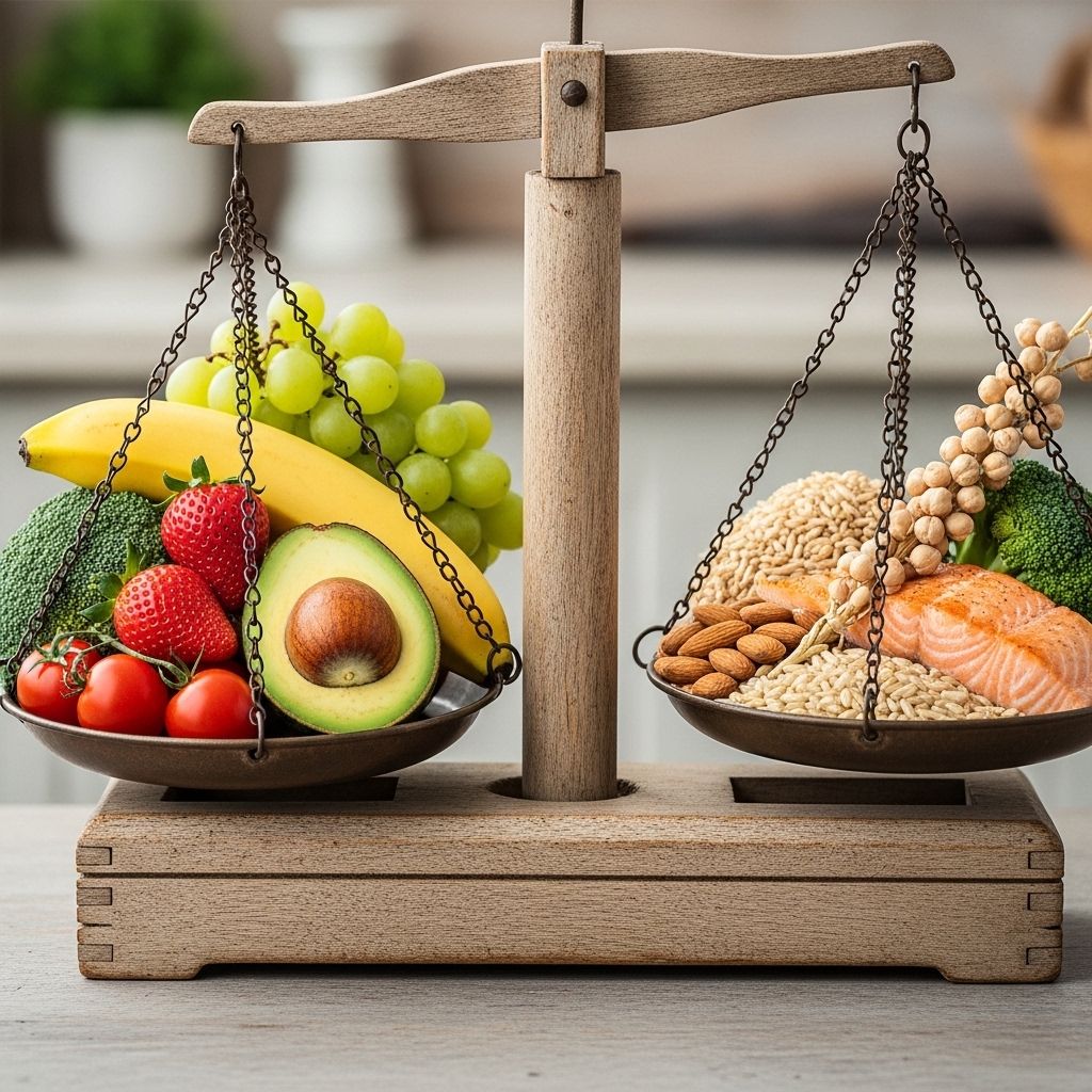 Infographie naturelle montrant des aliments frais variés sur une balance en bois symbolisant l'équilibre, dans un cadre lumineux épuré avec des tons beige et vert