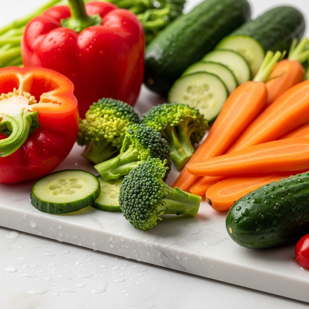 Assortiment coloré de légumes frais coupés en tranches — poivrons rouges, concombres, carottes et brocoli — sur une surface en marbre blanc avec gouttes d'eau