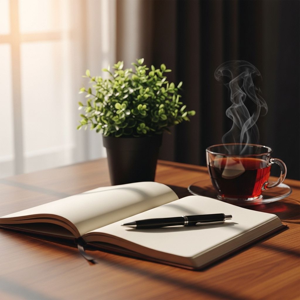 Carnet ouvert avec un stylo posé dessus, une tasse de thé chaud et une petite plante verte sur un bureau en bois épuré, lumière douce et chaleureuse d'une lampe de bureau