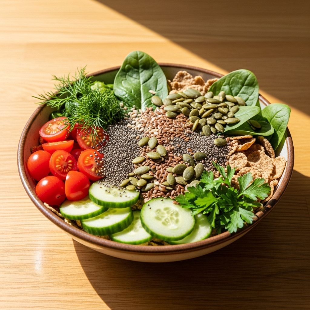 Grand bol de céréales complètes avec des légumes frais coupés, des graines et des herbes aromatiques sur une table en bois claire, lumière naturelle de côté