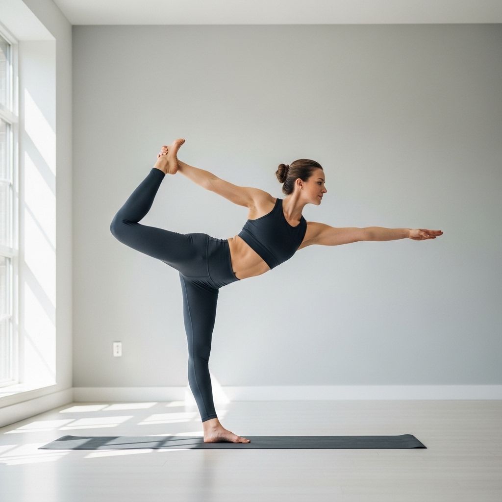 Femme pratiquant le yoga dans une pose d'équilibre sur un tapis dans un studio lumineux aux murs blancs, lumière naturelle provenant d'une grande fenêtre