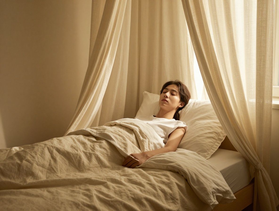 Chambre calme et épurée avec lumière tamisée dorée traversant des rideaux en lin, lit bien fait avec draps blancs, atmosphère de repos serein